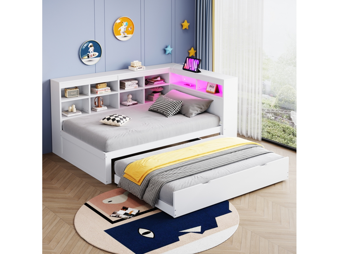 Sofá Madeira 90x200 Cama Auxiliar Usb Led e Prateleiras Branco