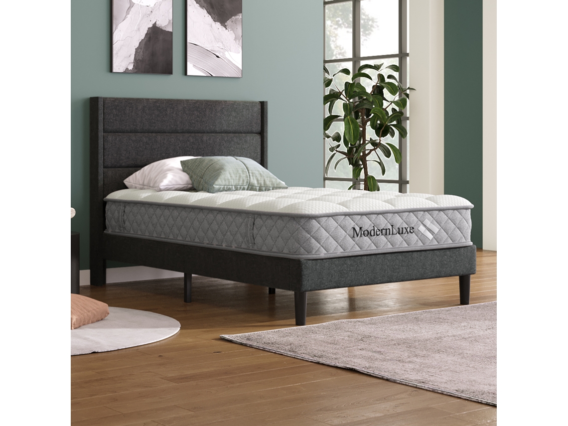 Cama estofada 90x200cm com cabeceira em linho cinza, design moderno, para casal ou quarto juvenil, inclui colchão PAPRIKA