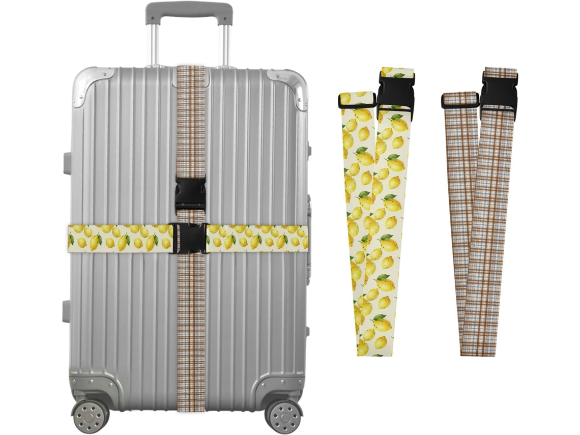 Conjunto De 2 Cintas Para Bagagem Com Fundo Claro E Estampa Xadrez Em Amarelo, Marrom Limão E Azul Resistentes