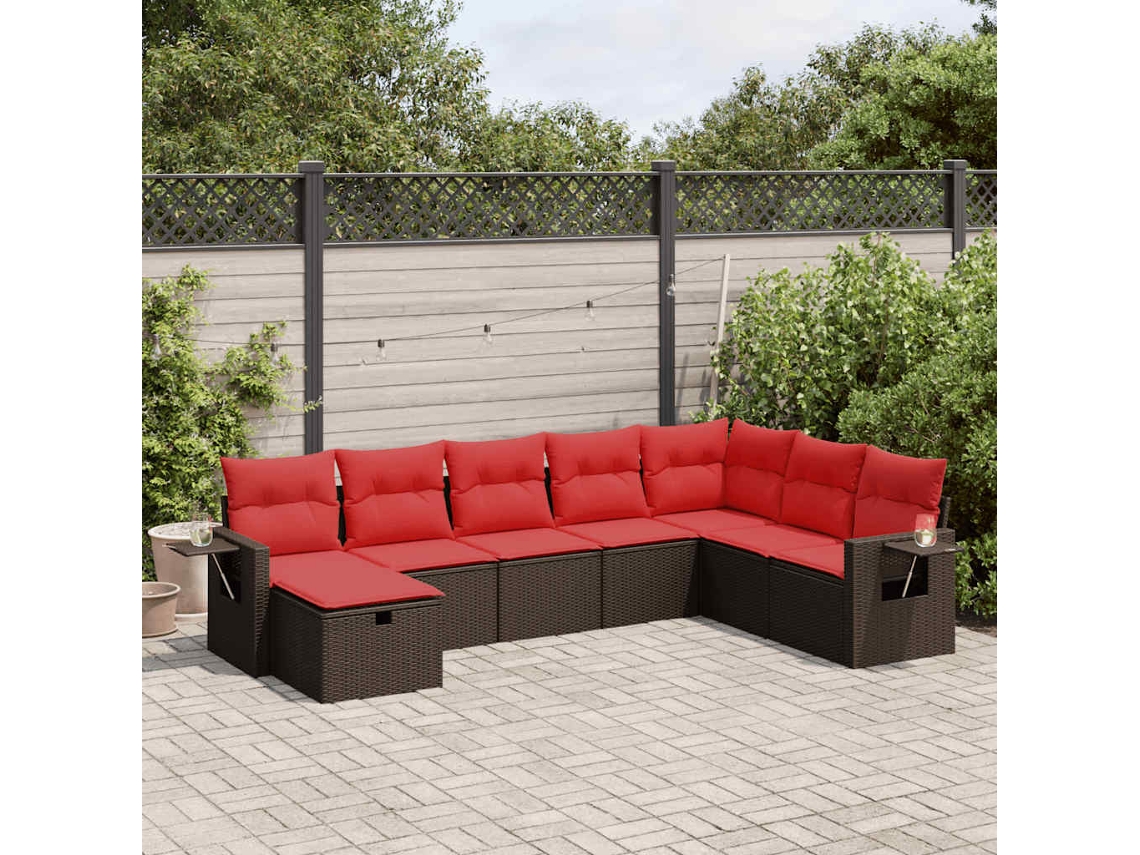 Vidaxl 8 Pcs Conjunto Sofás De Jardim C/ Almofadões Vime Pe Castanho