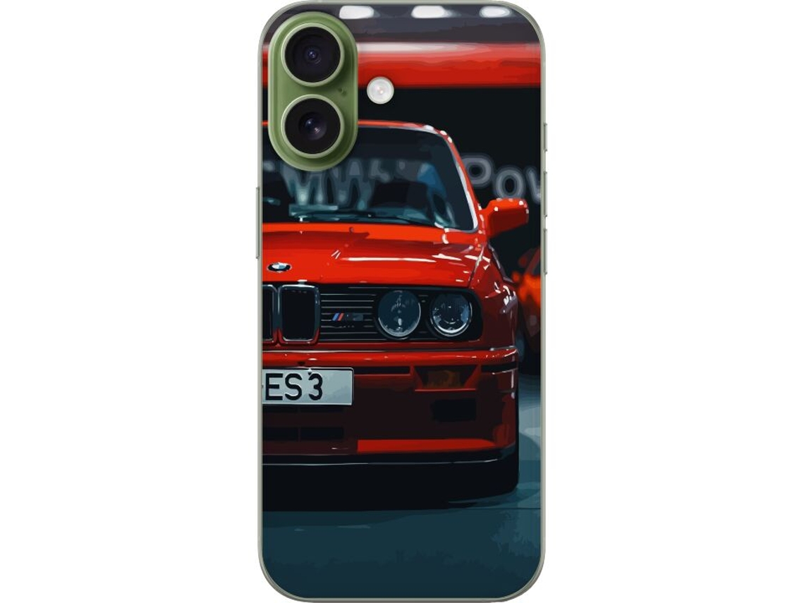 Capa Para Celular Compatível Com Apple Iphone 17 Vermelha Com Estampa De Um Carro Esportivo Bmw M3, Vista Frontal Em Uma Garagem Escura.