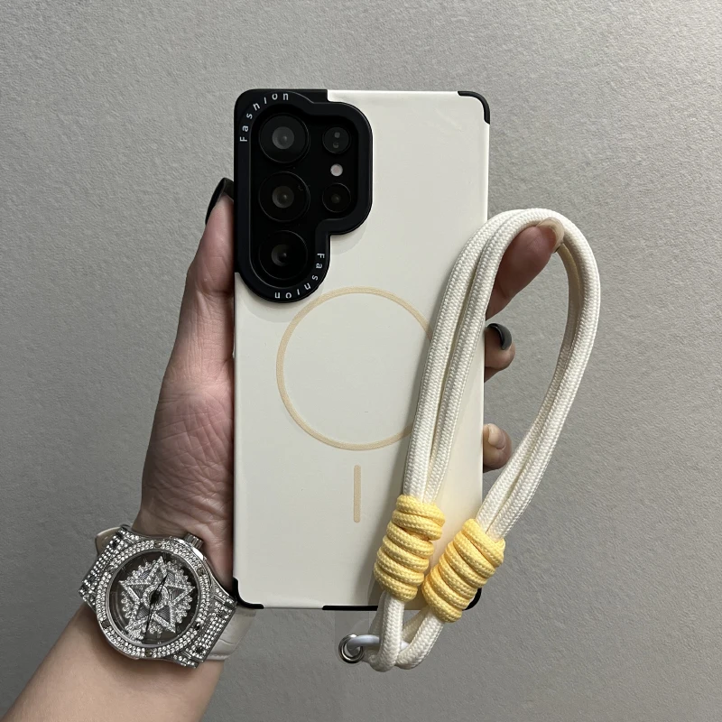 Capa Para Celular (samsung S24 Branca) Com Cordão Magnético Fino E Cor Sólida, Com Borda Estampada.