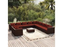 Vidaxl 12 Pcs Conjunto Lounge Jardim C/ Almofadões Vime Pe Castanho