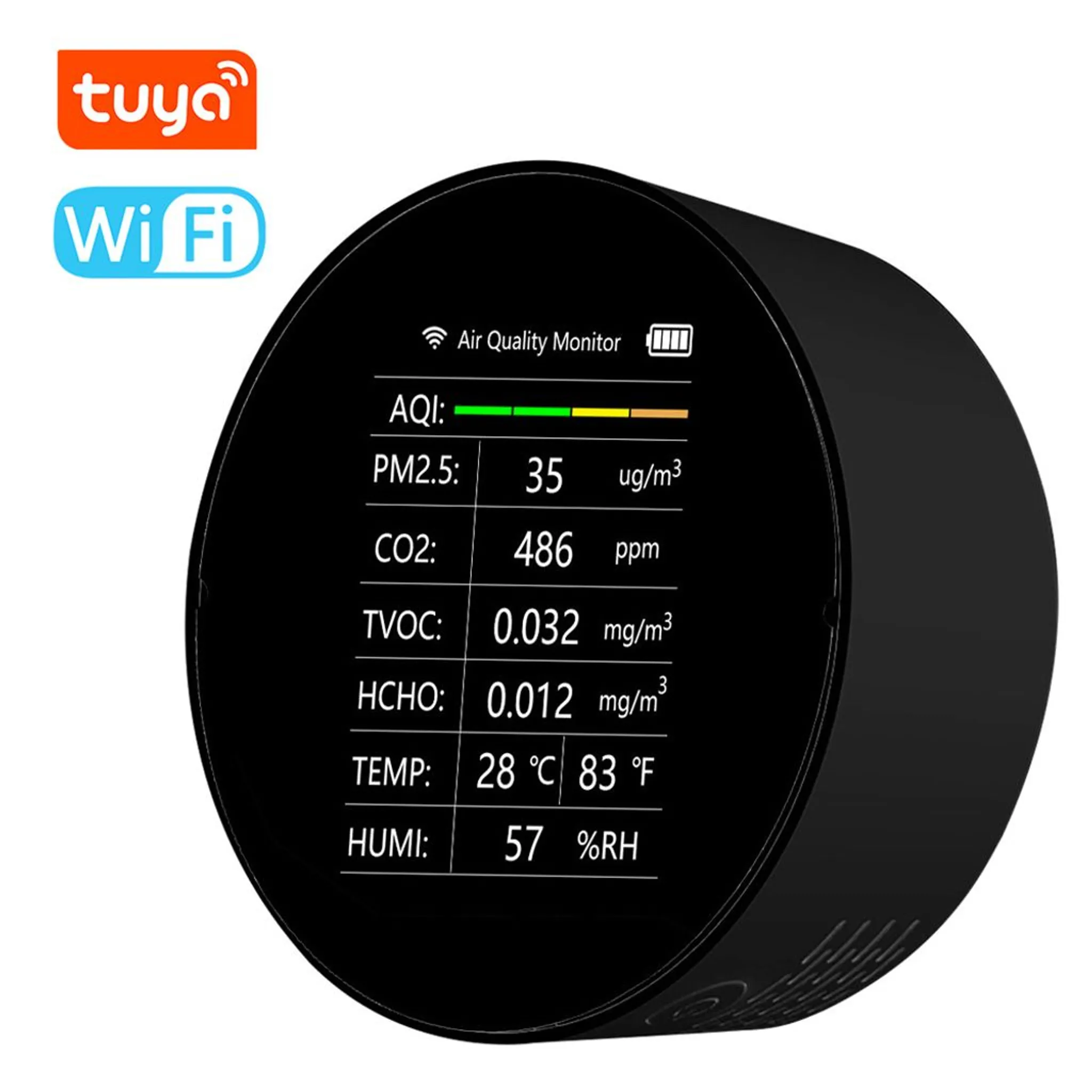 Detector De Qualidade Do Ar Wifi 7 Em 1 Tuya, Medidor De Co2, Pm2.5, Tvoc, Hcho, Temperatura, Humidade, Aqi, Para Casa, Escritório, Carro Preto
