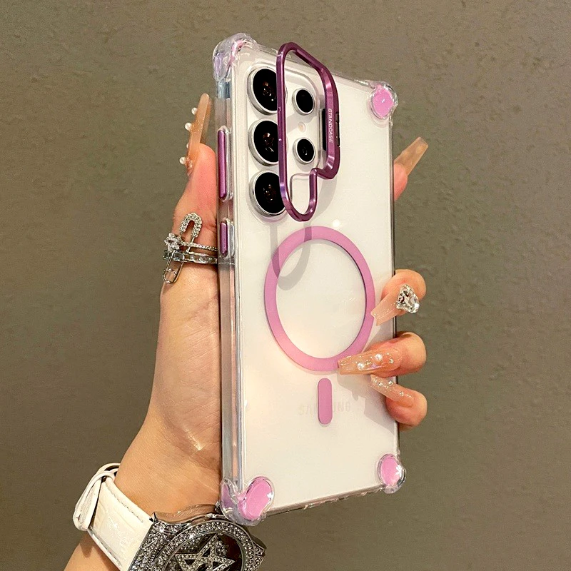 Capa Transparente Para Celular (galaxy A06 Roxa), Compatível Com Carregamento Sem Fio E Suporte.