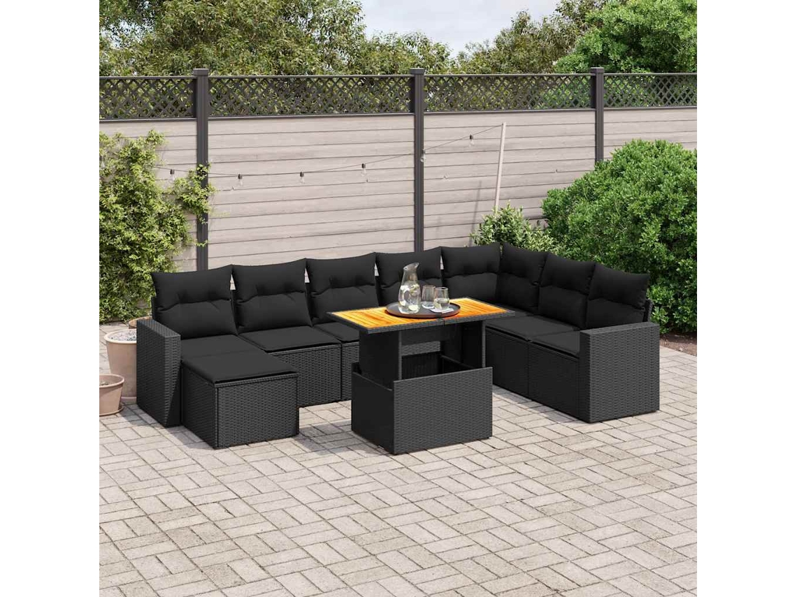 Vidaxl 9 Pcs Conjunto De Sofás P/ Jardim C/ Almofadões Vime Pe Preto