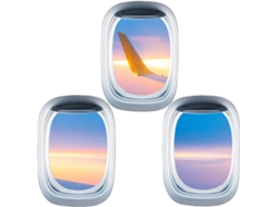 Conjunto 3 Adesivos Parede Avião Janelas Decorativos Removíveis Pvc Rígido Efeito 3d Paisagem Janela Decoração GOKOCO