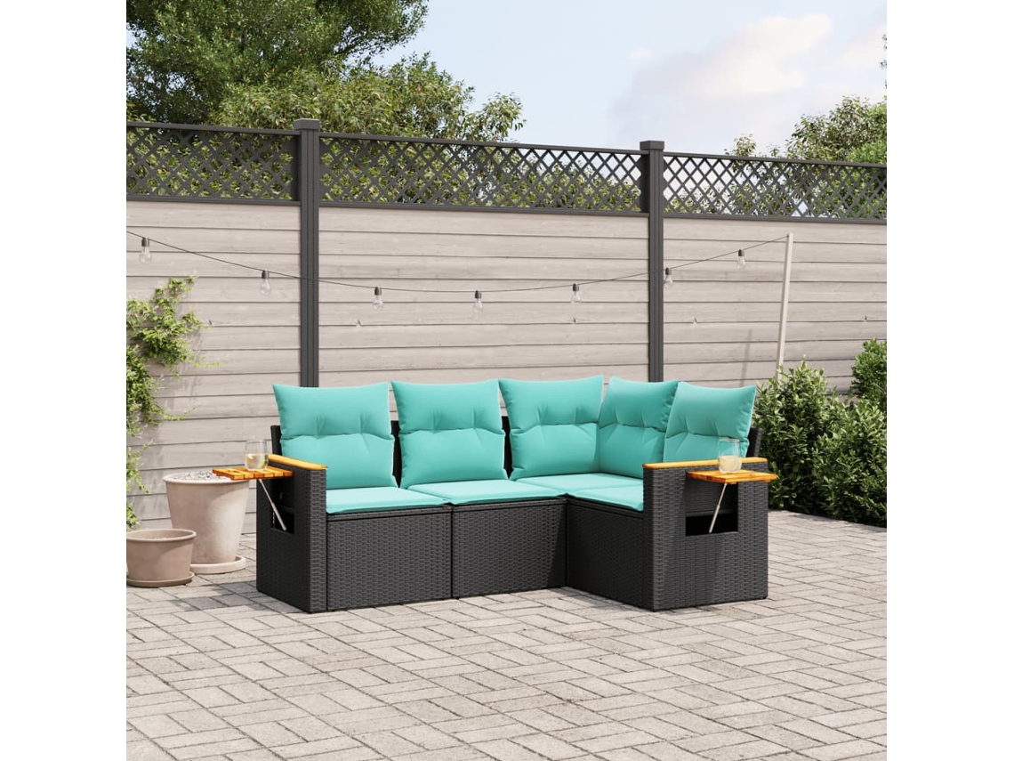 Vidaxl 4 Pcs Conjunto De Sofás P/ Jardim C/ Almofadões Vime Pe Preto