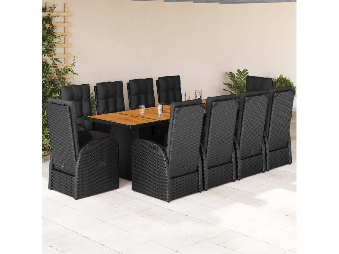 Vidaxl 11 Pcs Conjunto de Jantar P/ Jardim C/ Almofadões Vime Pe Preto