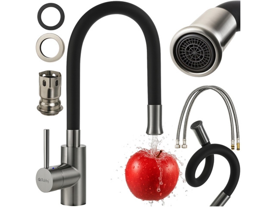 Torneira Misturadora De Cozinha Preta E Prateada Com Bico Flexível 360°, Cartucho Cerâmico Arejador Removível Para Fácil Instalação