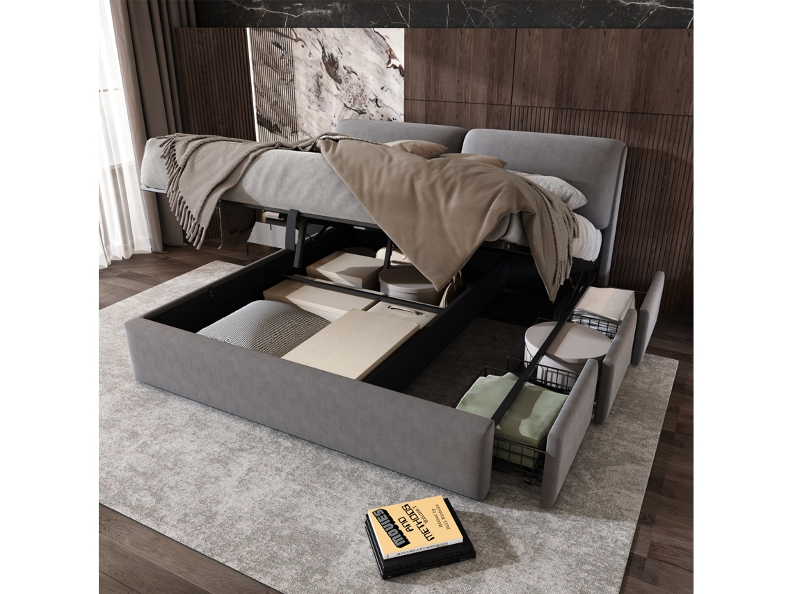 Cama Estofada, 160*200, Cama Hidráulica, Três Gavetas, Base De Armazenamento, Base De Ripas Com Cabeceira, Sem Colchão, Veludo, Cinza-op