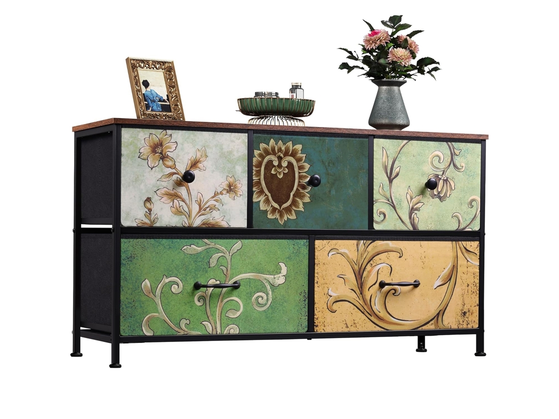 Cómoda 100x30x55,2 Cm Com 5 Gavetas, Móvel De Arrumação Vintage Pintado, Aparador Com Estrutura Metálica Preta, Mdf