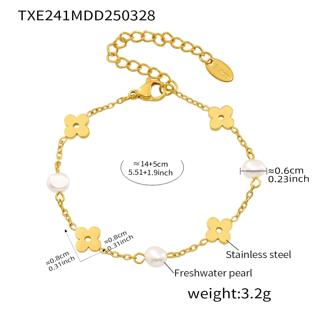 (pulseira) Conjunto Delicado De Colar E Pulseira Floral Com Pérolas De Água Doce E Aço Inoxidável
