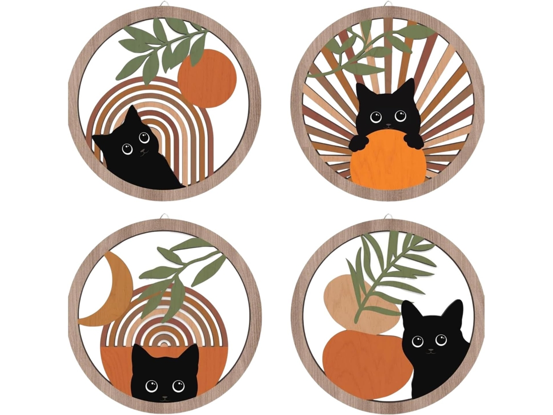Arte De Parede Com Gatos Arte Boêmia Para Amantes De Gatos Decoração Moderna Em Madeira 4 Peça Gokoco