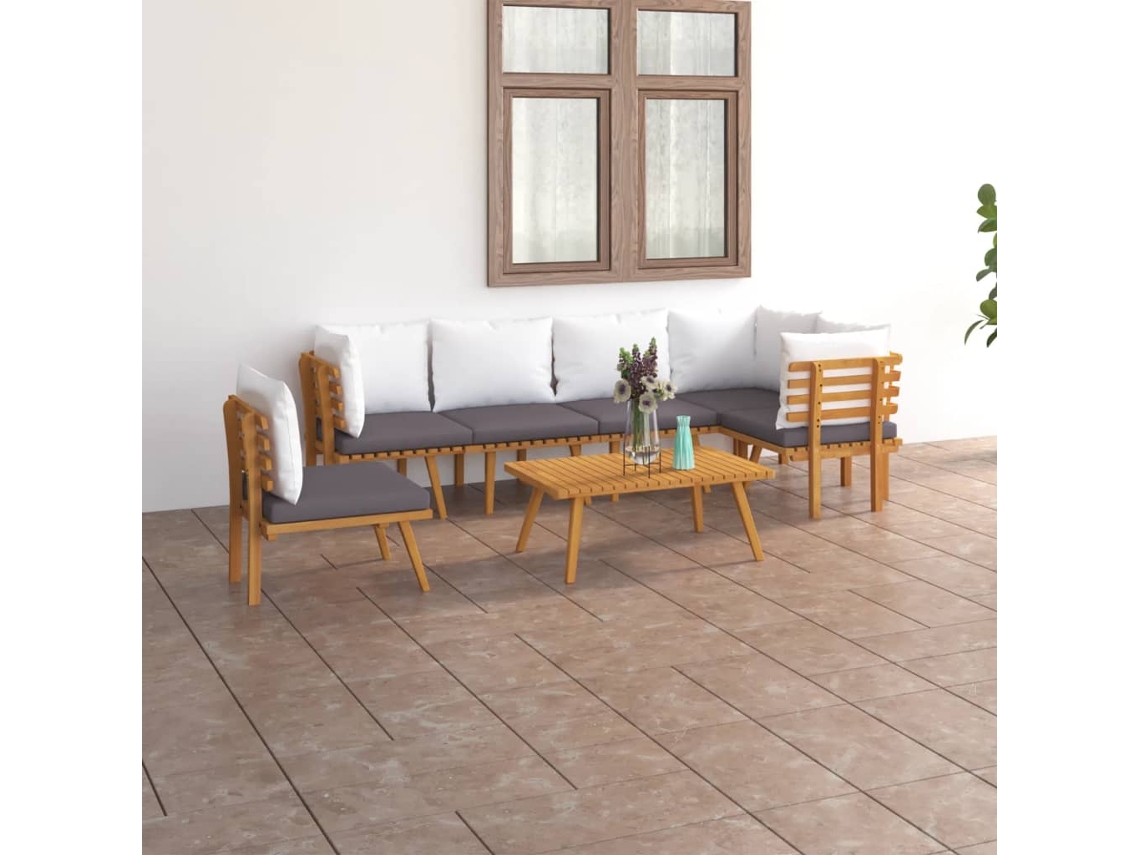 Vidaxl 7 Pcs Conjunto Lounge De Jardim Com Almofadões Acácia Maciça