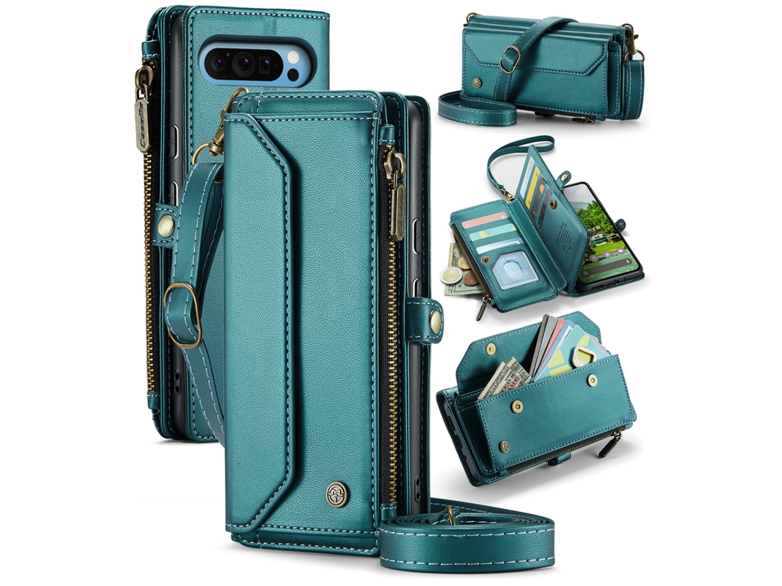 Capa Para Google Pixel 10 Pro Xl Carteira Rfid Crossbody Zíper Verde Czhhmart