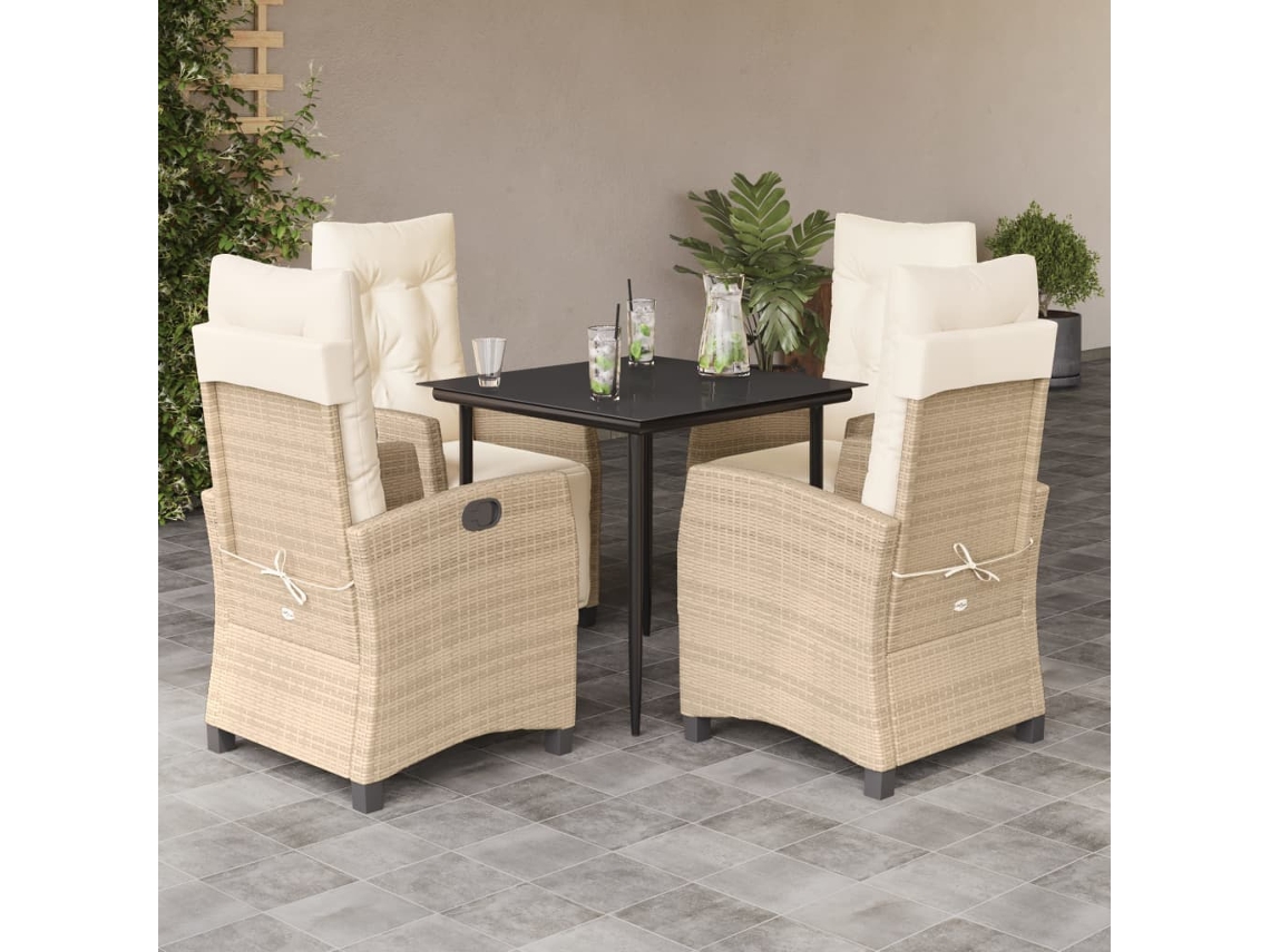 Vidaxl 5 Pcs Conjunto De Jantar P/ Jardim Com Almofadões Vime Pe Bege