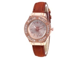 Relógio de Pulso Feminino de Quartzo com Pulseira de Couro Pu e Diamantes Decoração Café