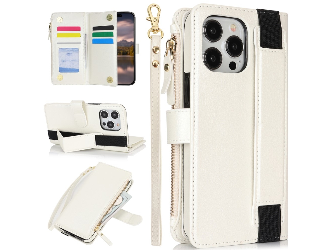Capa Em Couro Pu Com Suporte Para Apple Iphone 16 Pro - Branco