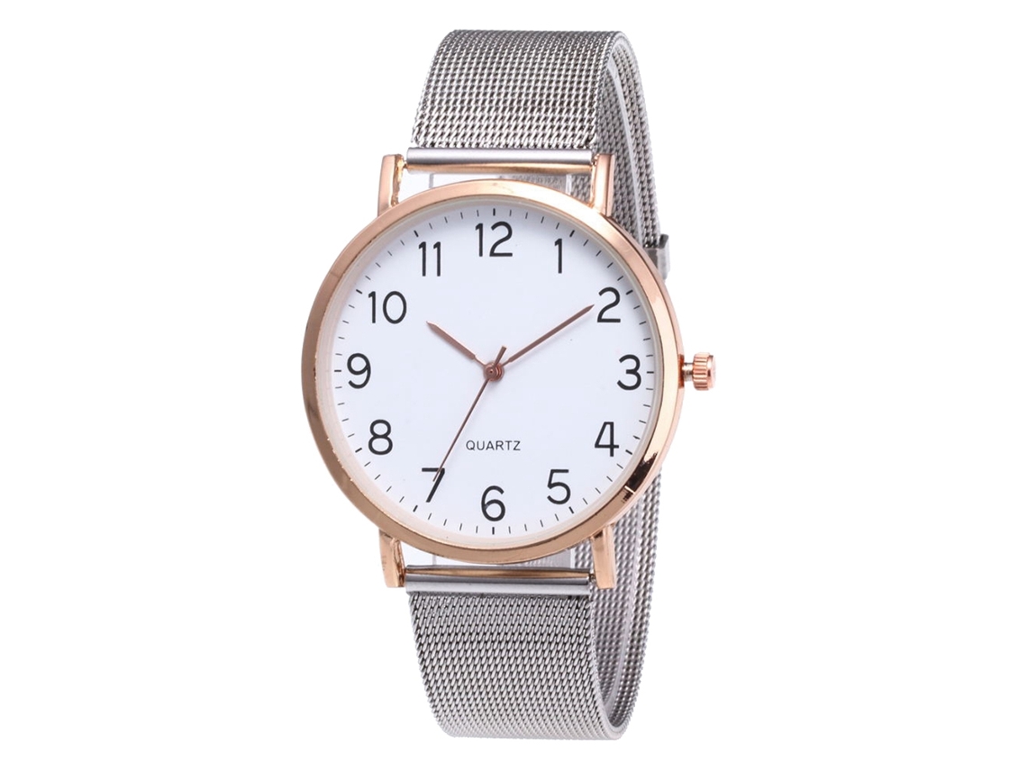 Relógio de pulso analógico moderno com pulseira de malha, movimento de quartzo, cor ouro rosa.