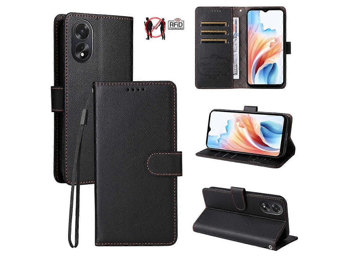 Capa De Celular Carteira Tripla Em Couro Com Textura De Lichia E Bloqueio Rfid Para Oppo A38 / Oppo A18