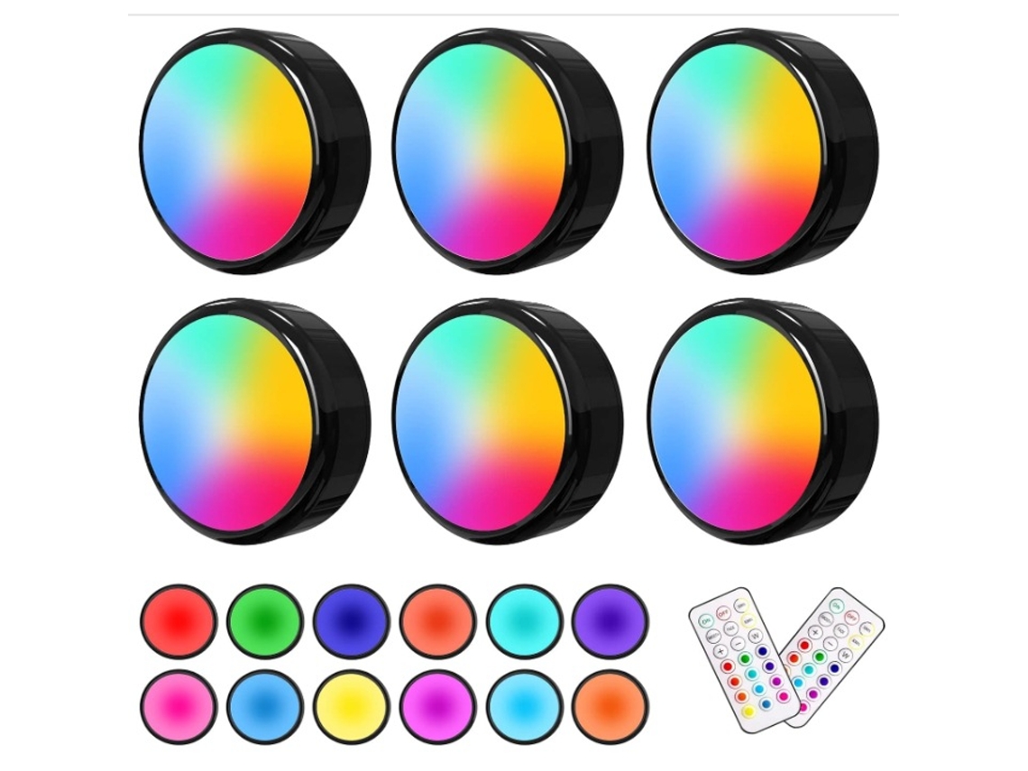 Luminária, Luzes Led Puck Com Controle Remoto, 13 Núcleos De Rgb, Operada Por Pilhas Preta Eifson (6 Unidades)