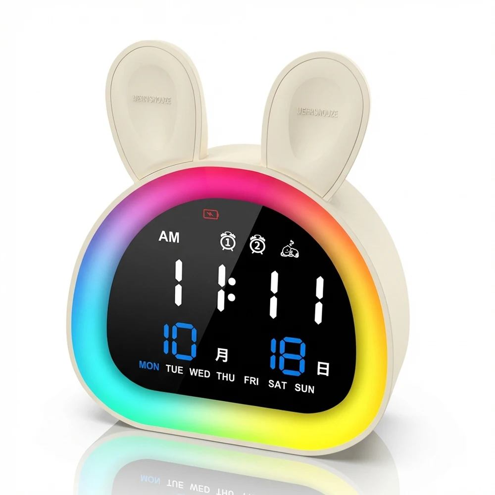 (Amarelo Claro) Despertador Digital Infantil Macio, com Luz Noturna que Muda de Cor, Exibição de Data e Hora, 6 Tons.