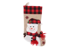 Meia de Natal de Juta Xadrez Vermelha com Boneco de Neve
