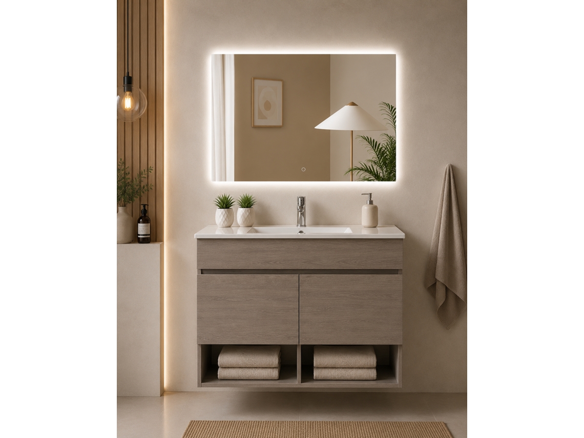Móvel De Casa De Banho Suspenso Com Lavatório Extraplano Origenbath Nebari Sem Espelho 80x45 Cm Carvalho Smoky