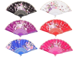 Leque dobrável vintage feito à mão, conjunto de 6 peças, em seda com estampas florais, ideal para casamentos e festas dançantes.
