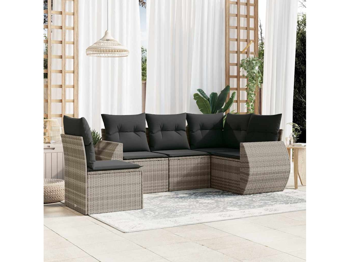 Vidaxl 5 Pcs Conj. Sofás Jardim C/ Almofadões Vime Pe Cinzento-claro