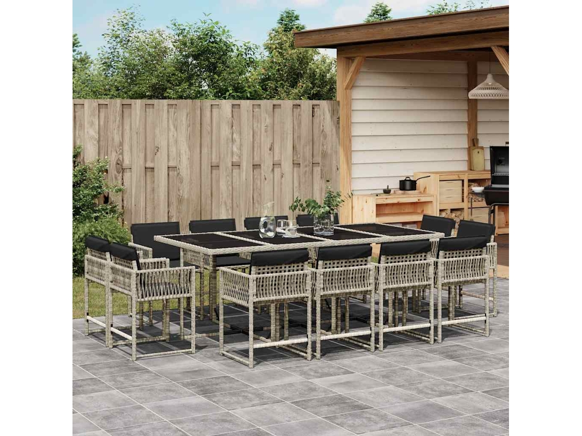 Vidaxl 13 Pcs Conj. Jantar Jardim C/ Almofadões Vime Pe Cinzento-claro