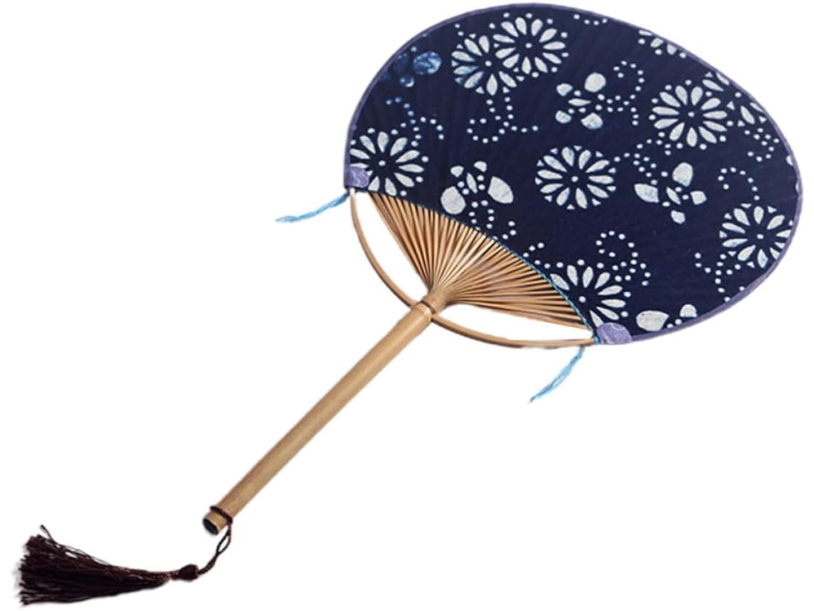 Leque Redondo De Bambu E Tecido, Estilo Japonês, Azul Marinho