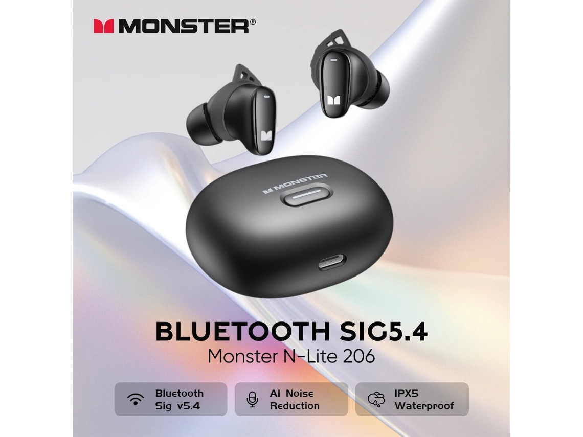 Auscultadores Monster N Lite 206 Tws Sem Fios Bluetooth Sig5.4 Aparelhagem Hi-Fi, Som Sem Perdas, Ia, Cancelamento De Ruído Inteligente, Reprodução De 20 Horas, Ip