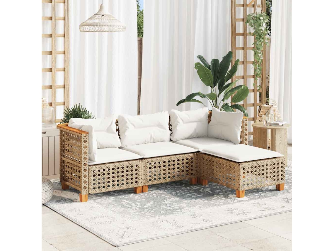 Vidaxl 4 Pcs Conjunto De Sofás Para Jardim C/ Almofadões Vime Pe Bege