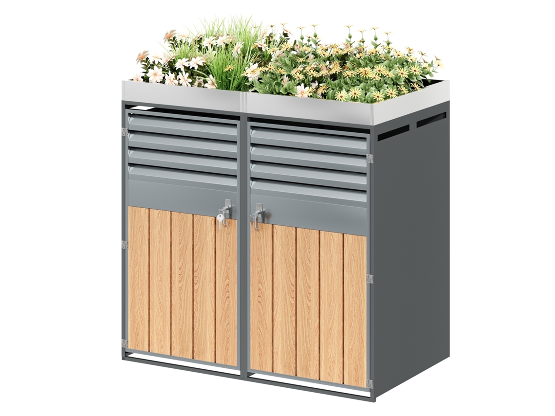 Caixa Para Lixeiras Com Ventilação, Compartimentos, Trancável, 2 Portas E Área Para Plantas, Para Jardim.