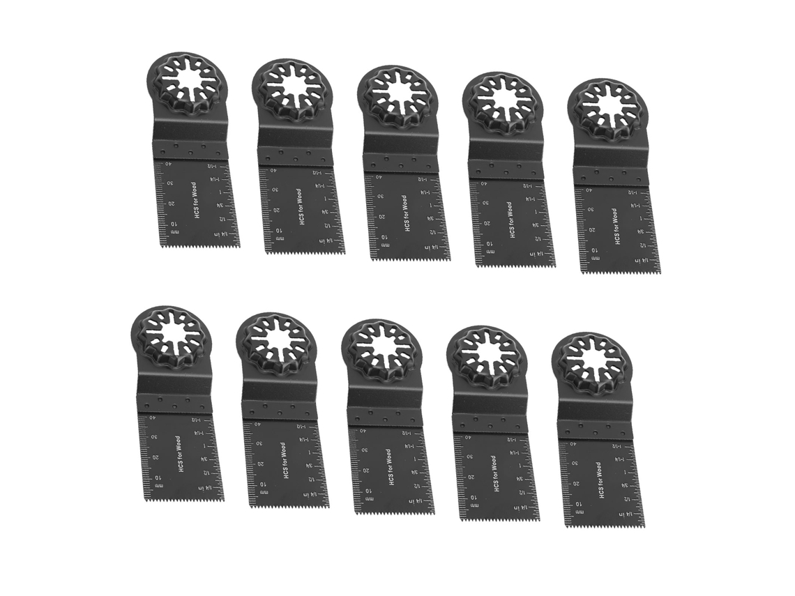 Conjunto de 10 lâminas de serra oscilante com encaixe Starlock, profundidade de corte de 34 mm e 40 mm, para uso em diversas ferramentas.