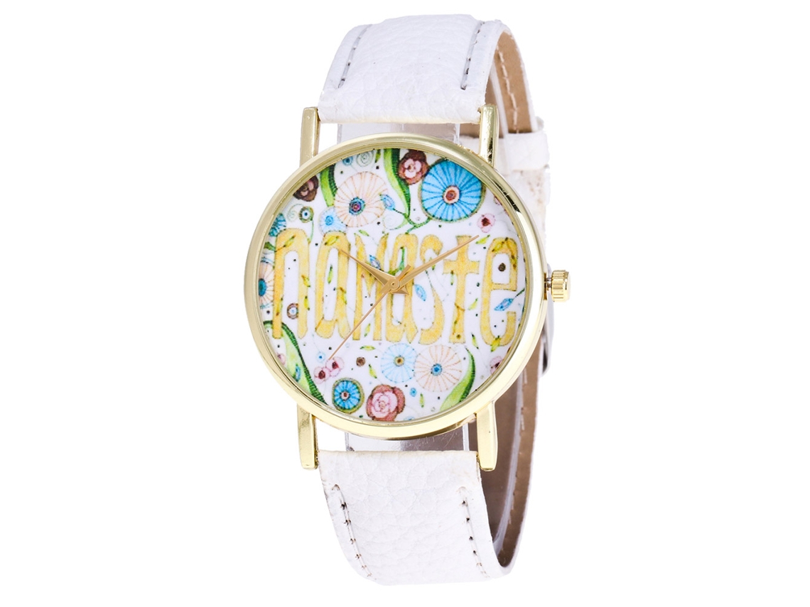 Relógio Feminino de Pulso Estilo Étnico com Estampa Floral Pulseira Pu Quartzo Branco