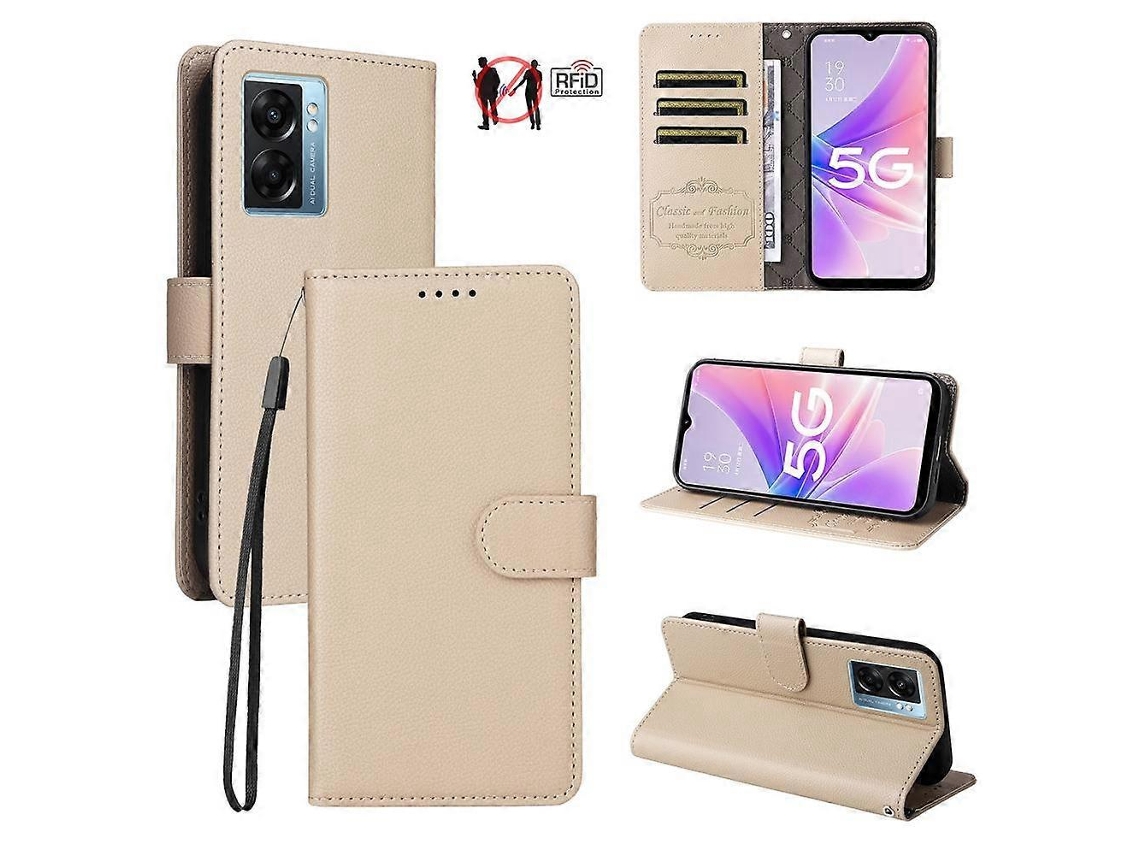Capa De Celular Carteira Tripla Em Couro Com Textura De Lichia E Bloqueio Rfid Para Oppo A57 5g / A77 5g / K10 5g (índia)