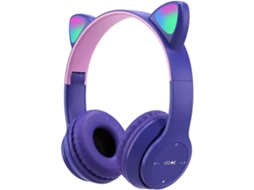 Auscultadores Bluetooth Sem Fio Hi-Fi Estéreo Dobráveis Orelhas de Gato para Jogos com Led Roxo Claro