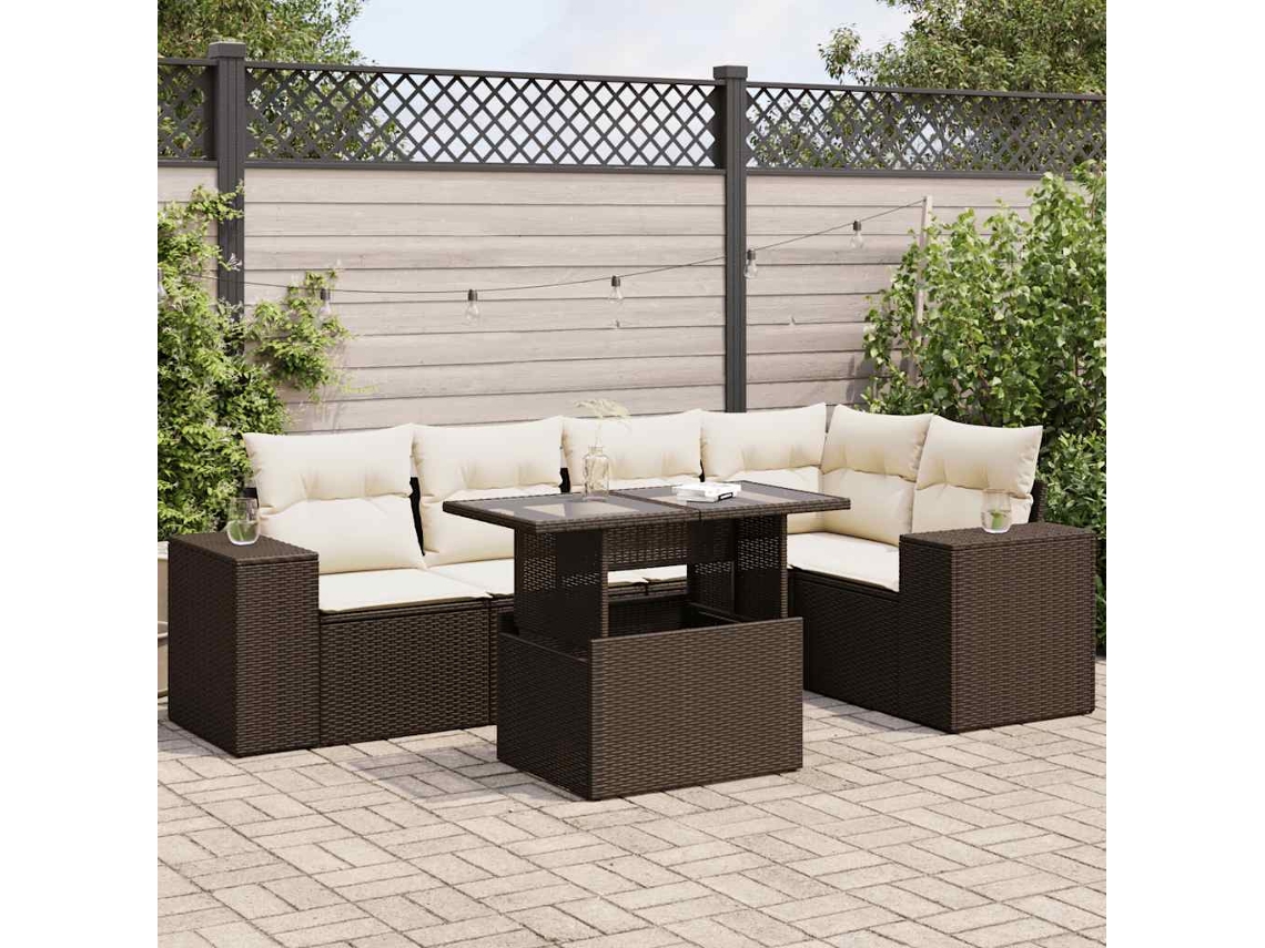 Vidaxl 6 Pcs Conjunto De Sofás Jardim C/ Almofadões Vime Pe Castanho