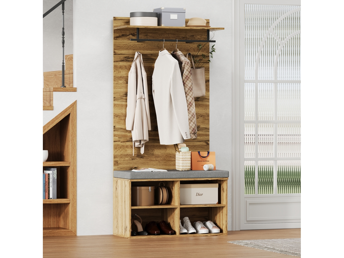 Conjunto De Guarda-roupa De 175 Cm Em Madeira Com Banco De Sapatos,prateleira Ajustável,cabideiro E Estofado – 84 X 32 Cm – Móvel De Entrada Prático
