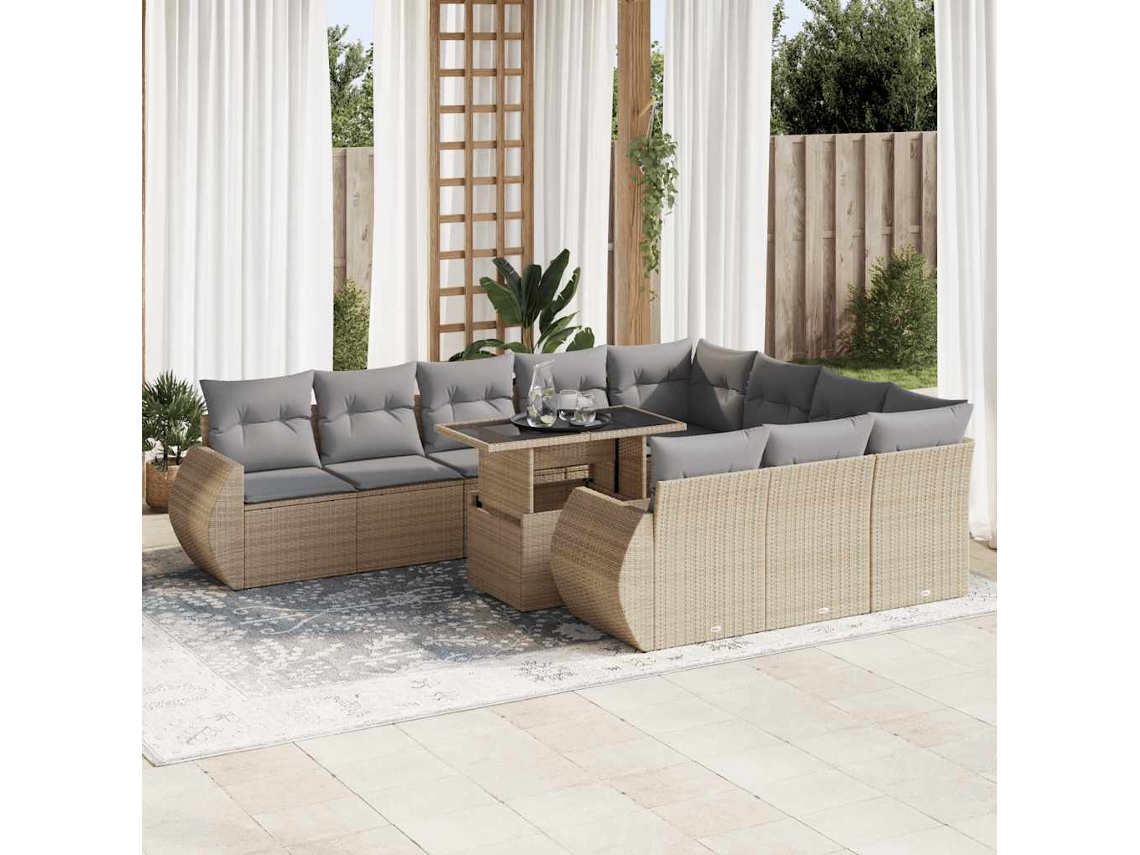 Vidaxl 11 Pcs Conjunto Sofás De Jardim C/ Almofadões Vime Pe Bege