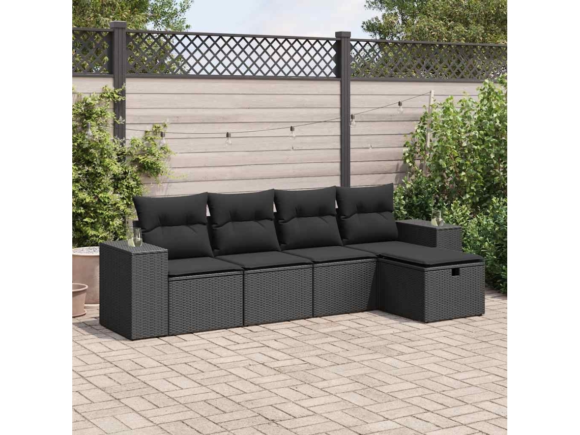 Vidaxl 5 Pcs Conjunto Sofás De Jardim Com Almofadões Vime Pe Preto