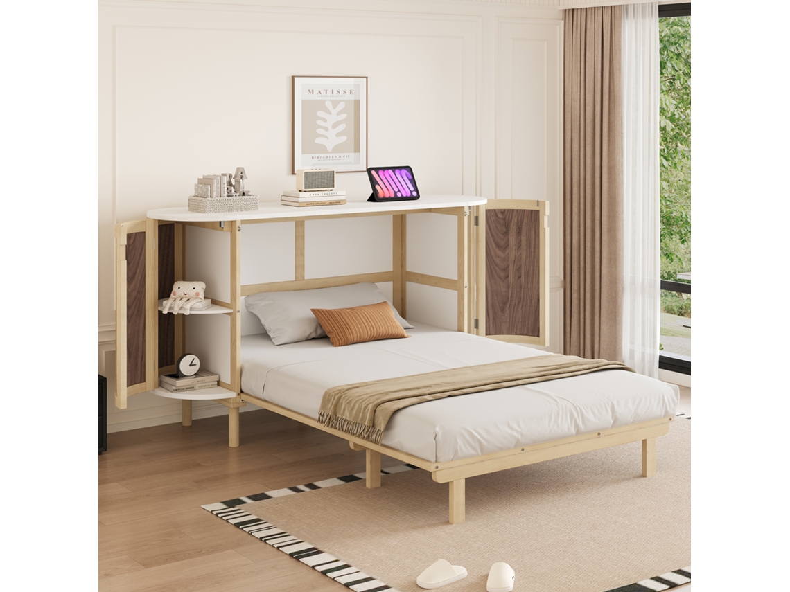 Cama Parede 140x200 Rattan Madeira Dobrável Armazenamento