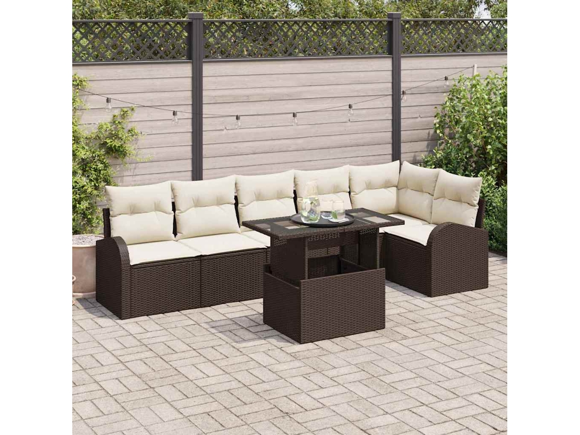 Vidaxl Conjunto De Sofá De Jardim 7 Pcs Castanho E Creme Vime Pe