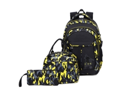 Mochila De Estudante De Três Peças Com Estampa Camuflada, Preta E Amarela, 19 Polegadas