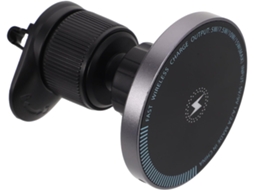 Carregador magnético para carro de 15 W com suporte para ventoinha na cor metálica.
