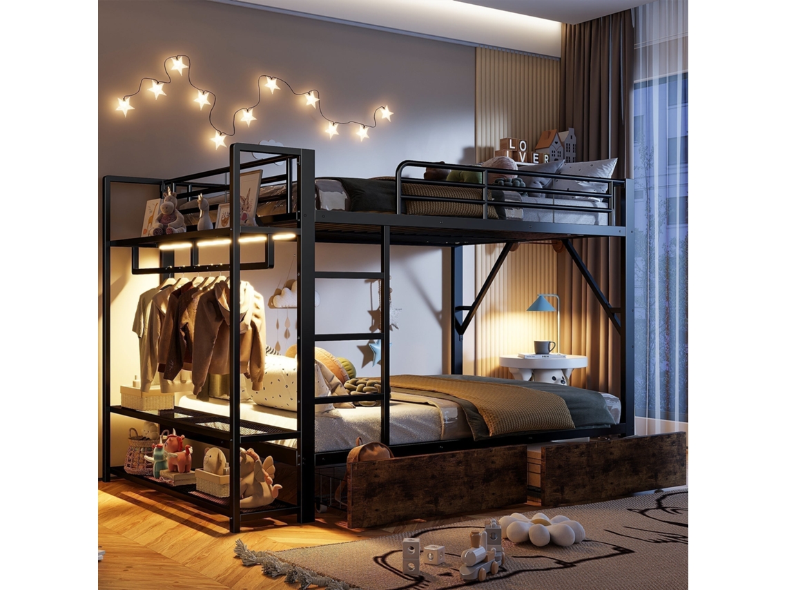 Cama Beliche 140x200cm com estrutura de metal e MDF, 2 gavetas, prateleiras, led, cabideiro, armazenamento Preto KOMHTOM