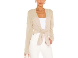 Cardigan Shrug Feminino Com Laço Frontal Cropped Leve Manga Longa Para Ocasiões Diversas Damasco
